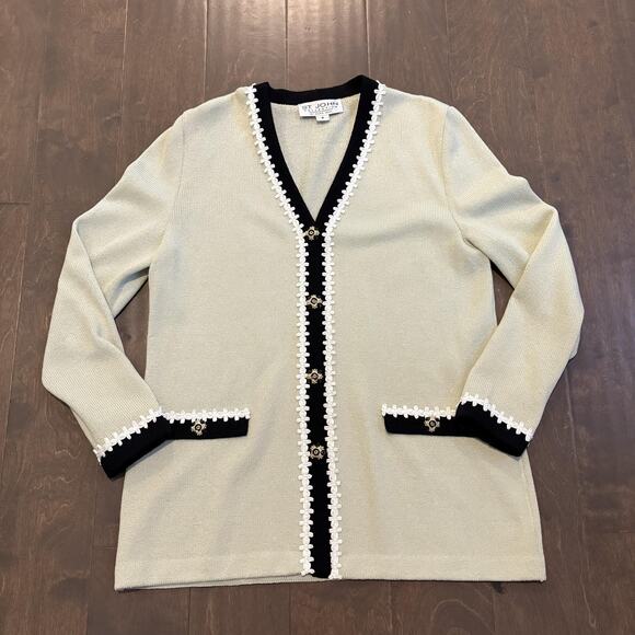 Vtg St John Cardigan 8 Green Black Pearl Trim Lady Jacket Santana Marie Gray USA - Picture 1 of 16